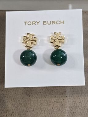 Tory Burch Gold Logo with Dark Green Enamel Drop Earrings